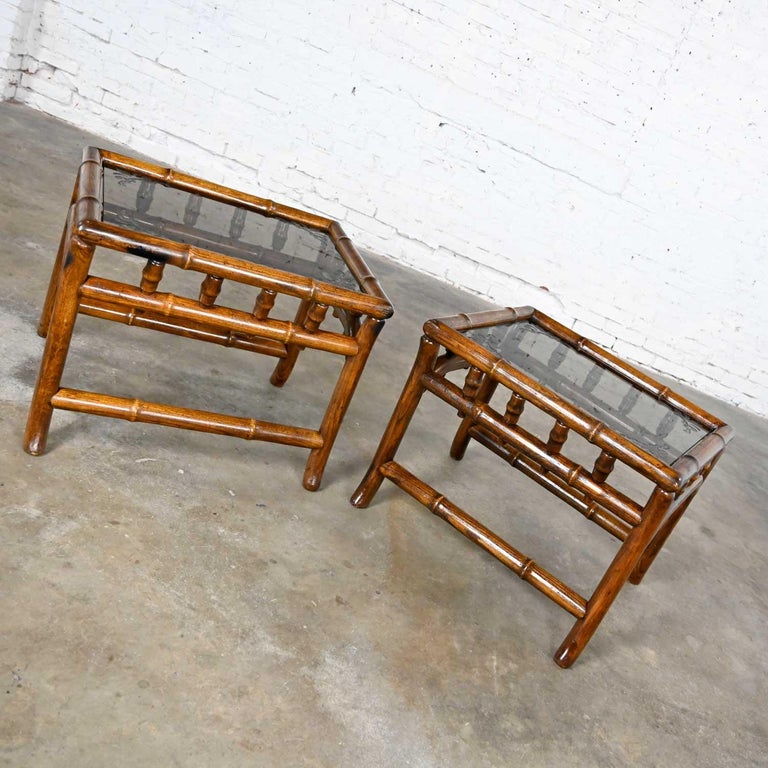 Faux Bamboo Vintage Organic Modern Faux Rattan & Etched Smoked Glass Top End Tables a Pair For Sale