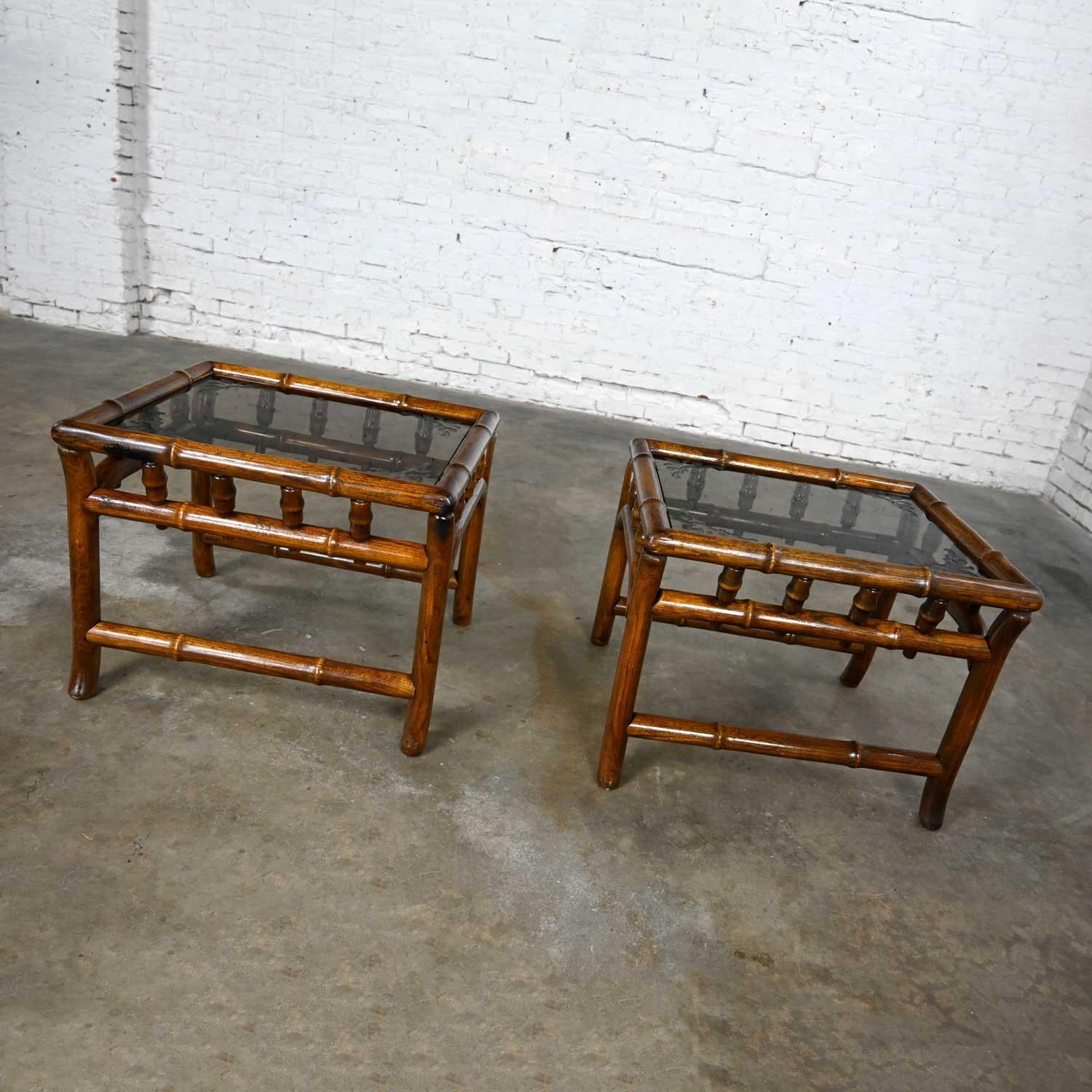 Vintage Organic Modern Faux Rattan & Etched Smoked Glass Top End Tables a Pair For Sale 1