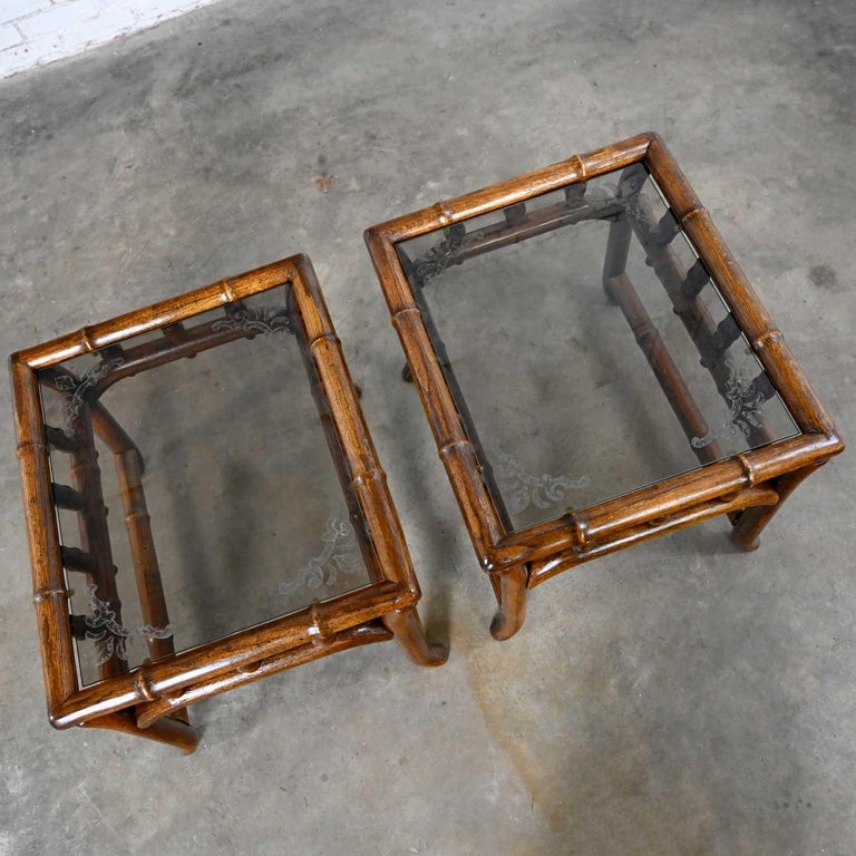 Vintage Organic Modern Faux Rattan & Etched Smoked Glass Top End Tables a Pair For Sale 4