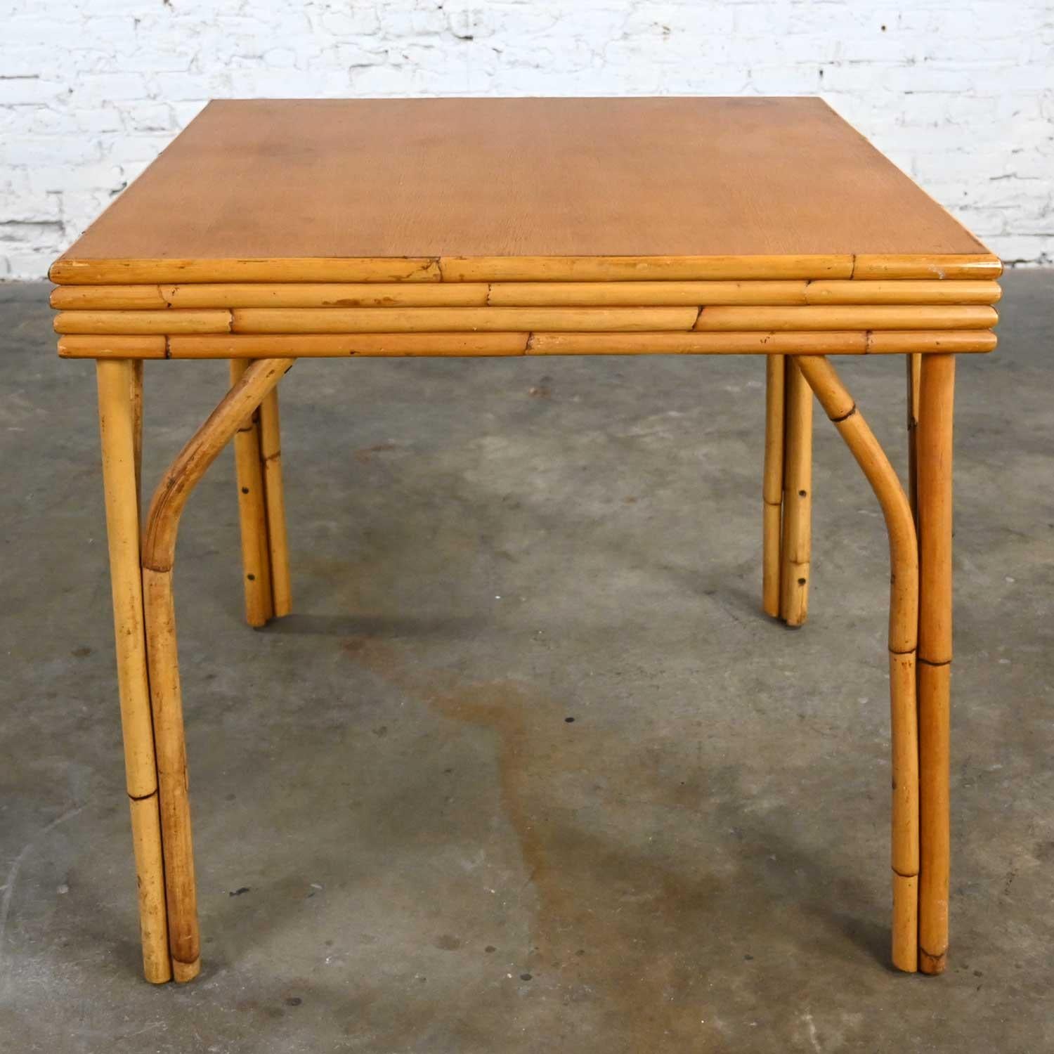 Vintage Organic Modern Island Style Square Rattan Dining Table with Mahogany Top For Sale 9