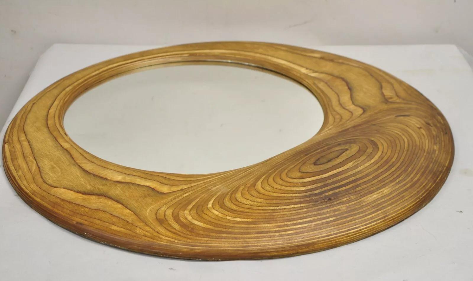 Specchio di legno rotondo in legno laminato organico moderno vintage firmato Schwab in vendita 5