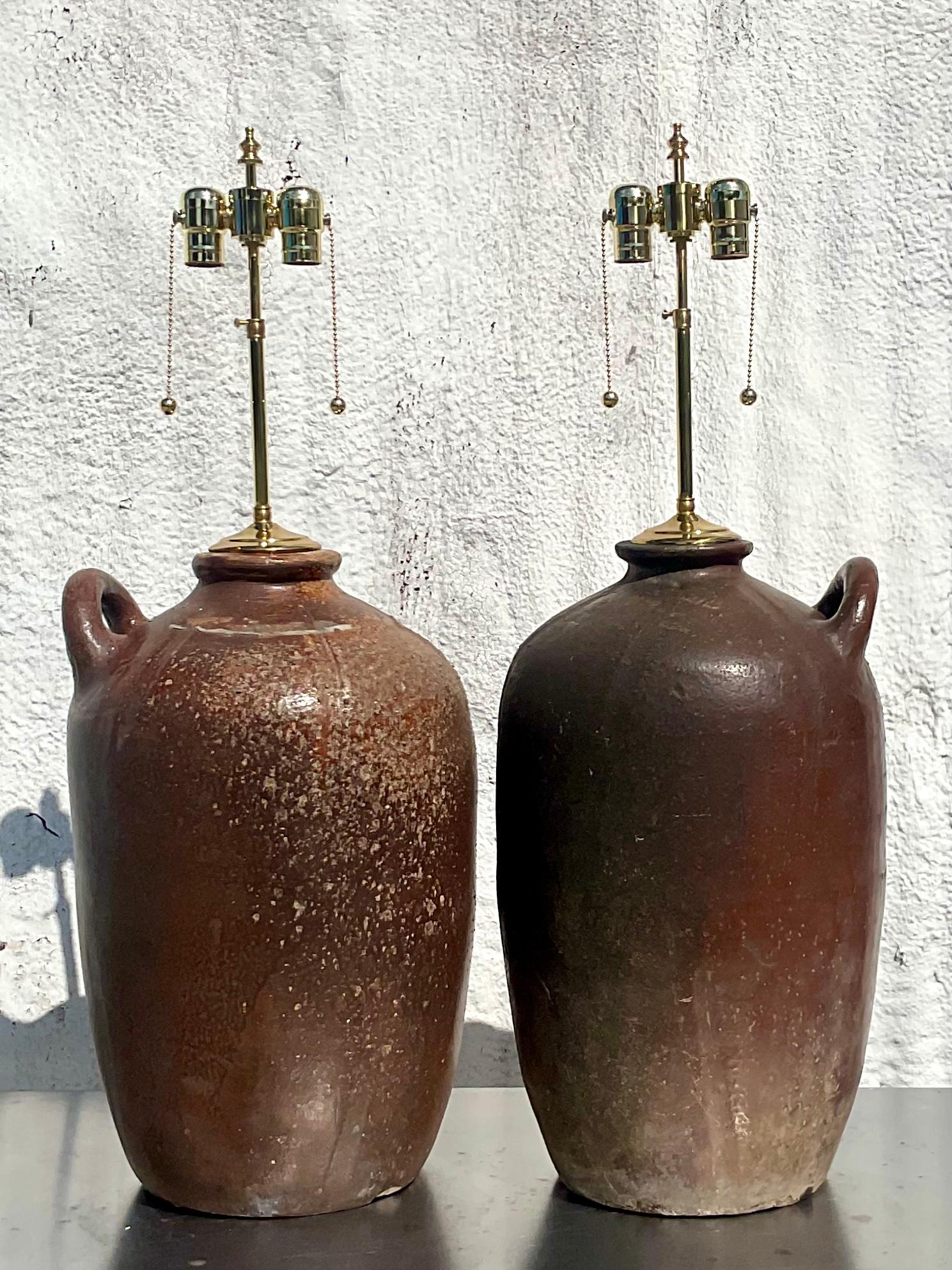 Vintage Organic Modern Monumental Pottery Water Jug Lamps, a Pair In Good Condition In west palm beach, FL