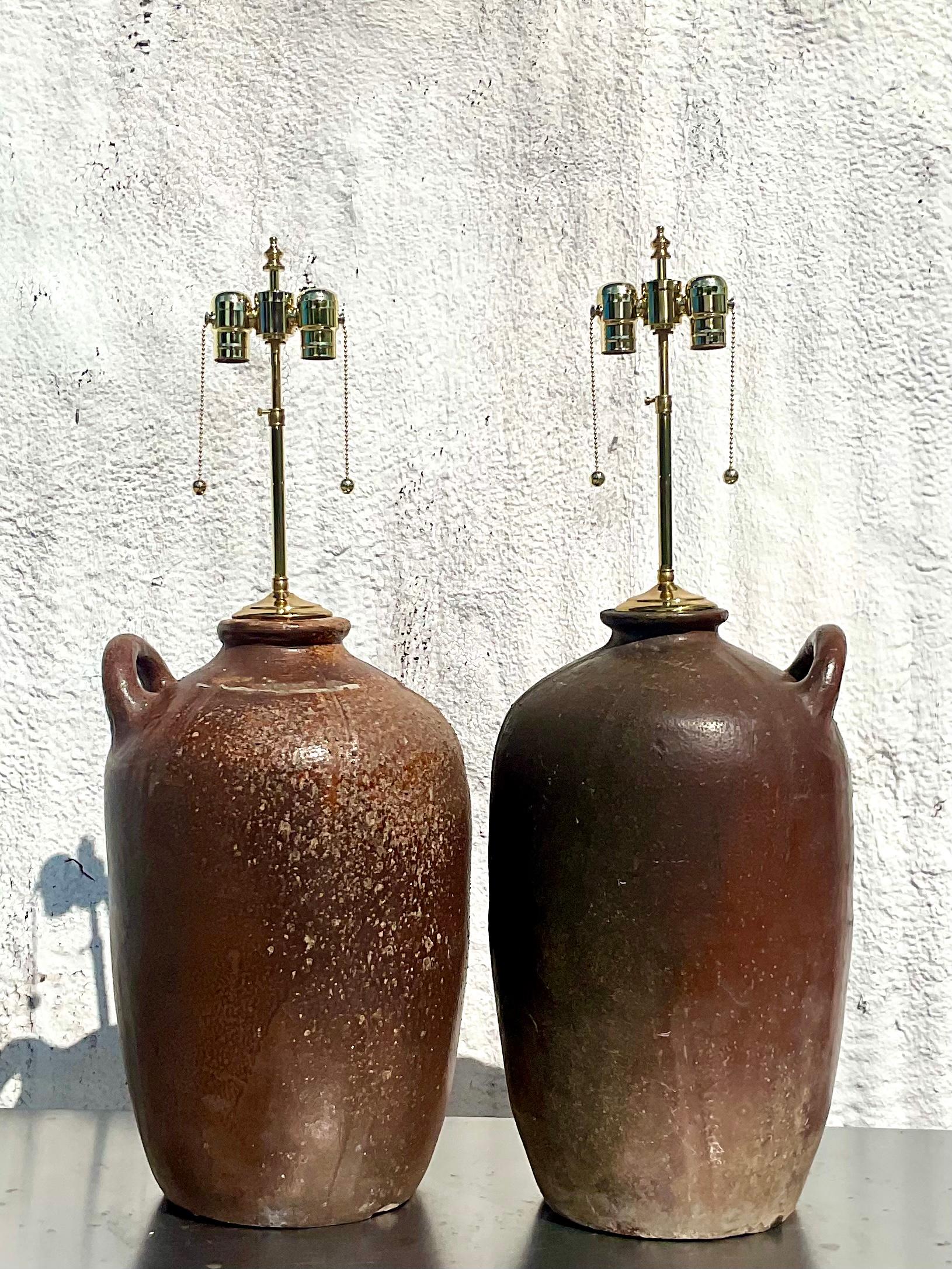 20th Century Vintage Organic Modern Monumental Pottery Water Jug Lamps, a Pair