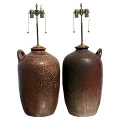 Vintage Organic Modern Monumental Pottery Water Jug Lamps, a Pair