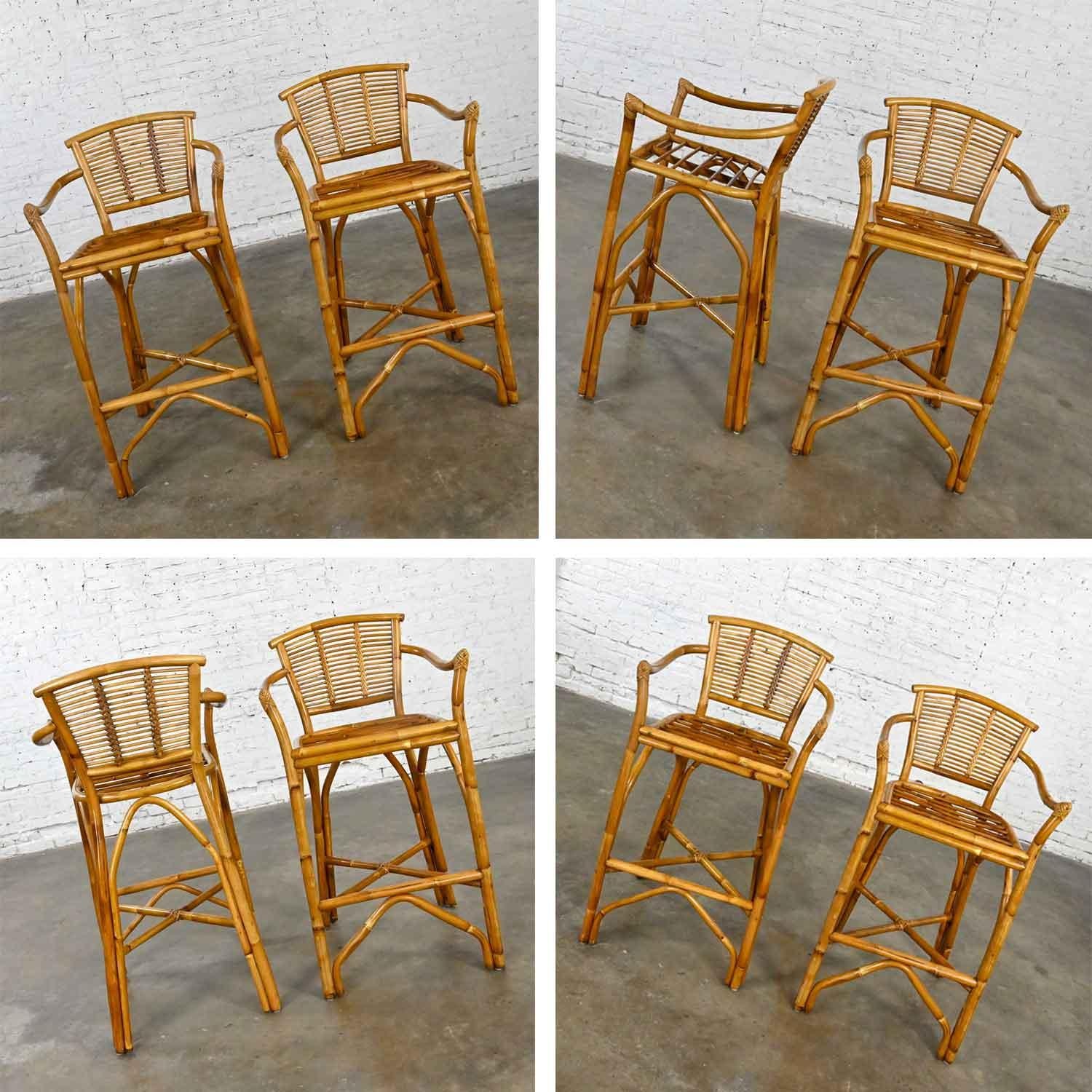 Vintage Organic Modern Pair of Rattan Bar Stools Style of Ficks Reed For Sale 8