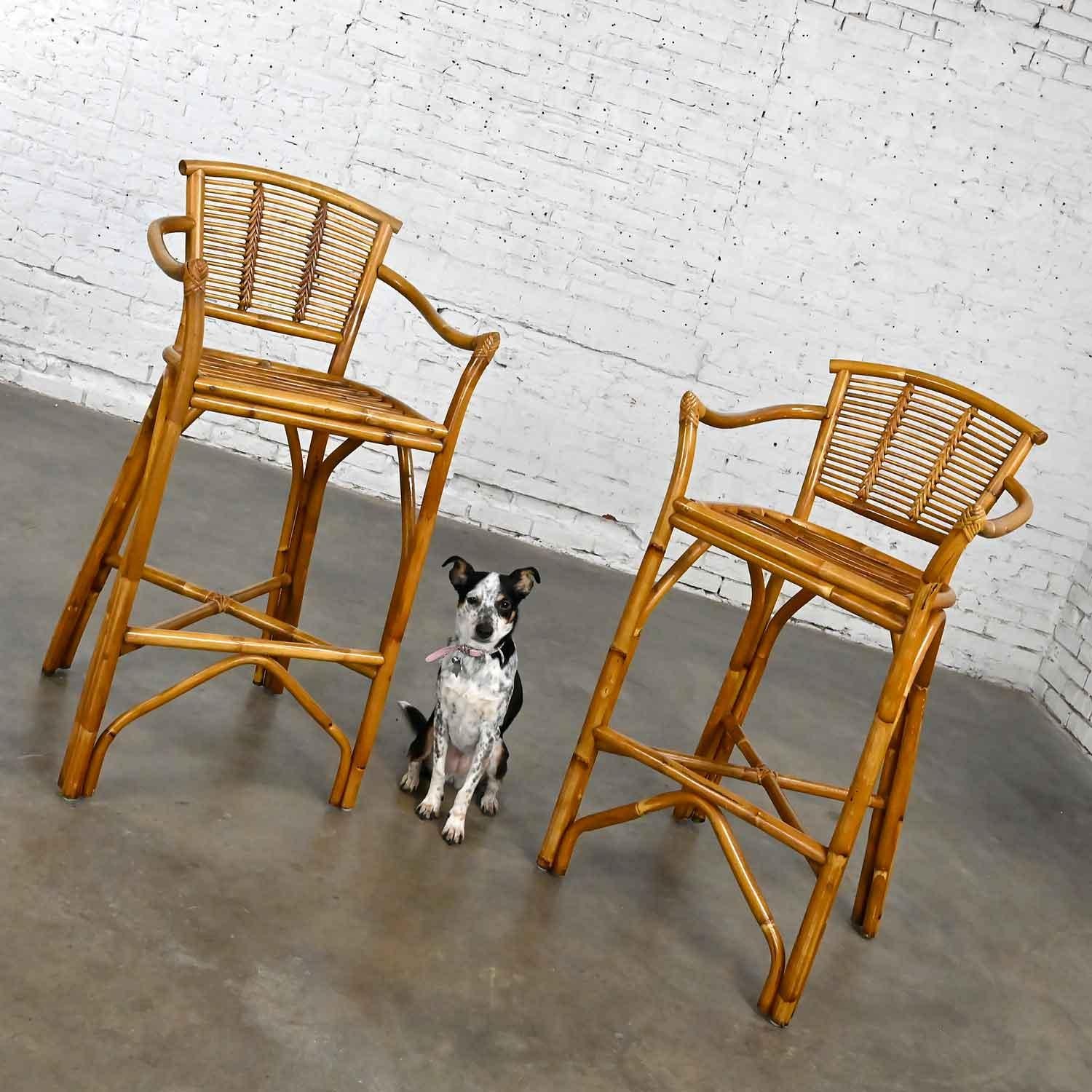 Unknown Vintage Organic Modern Pair of Rattan Bar Stools Style of Ficks Reed For Sale