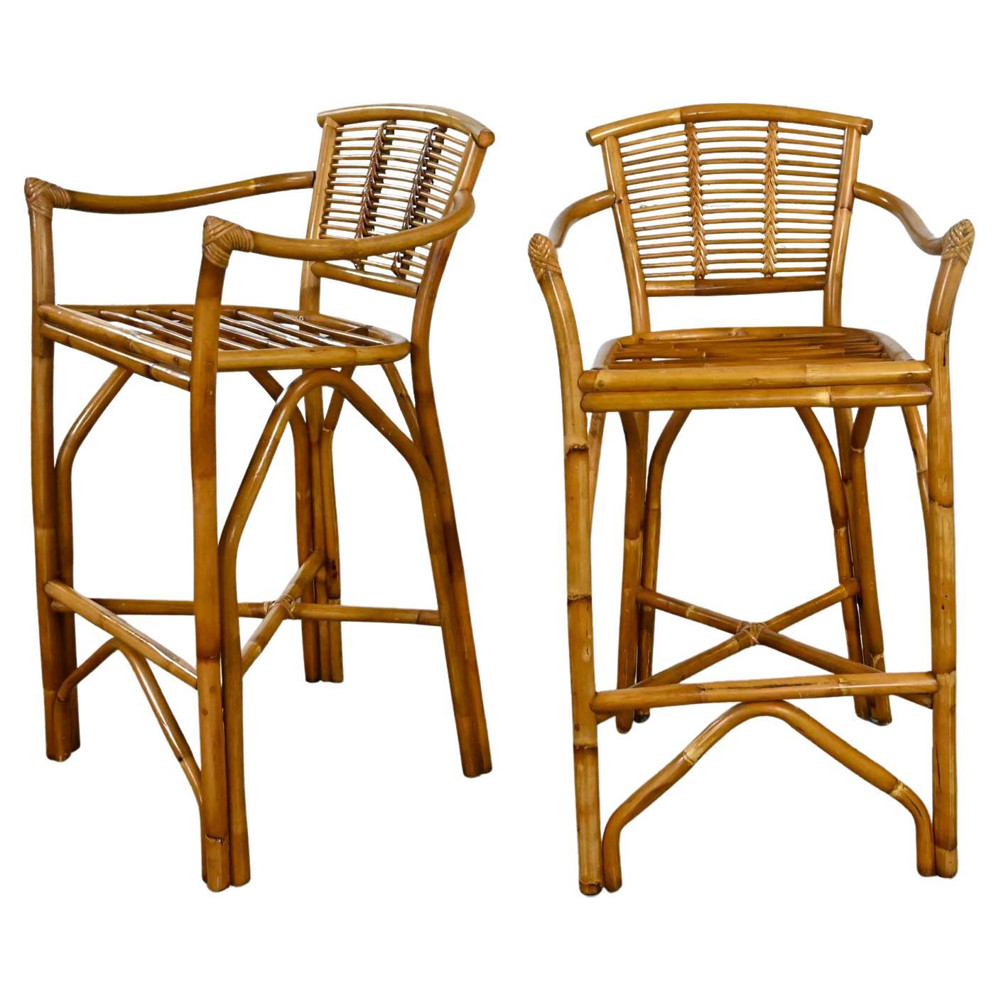 Vintage Organic Modern Pair of Rattan Bar Stools Style of Ficks Reed For Sale