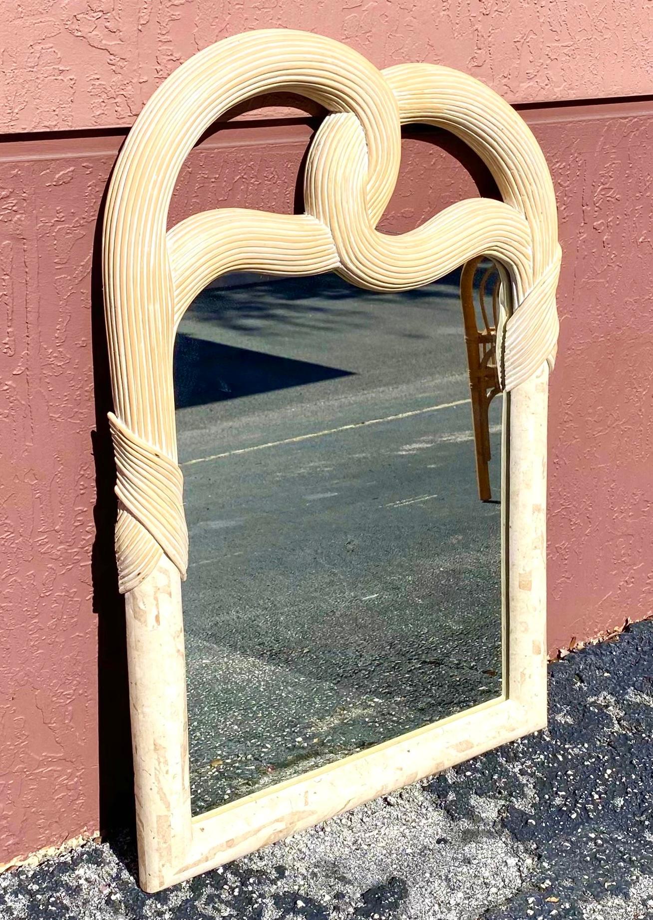 Vintage Organic Modern Pencil Reed and Tessellated Stone Mirror In Good Condition In west palm beach, FL