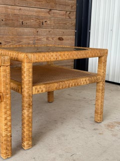 Vintage Organic Modern Rattan & Cane Side Tables With Glass Tops – Pair
