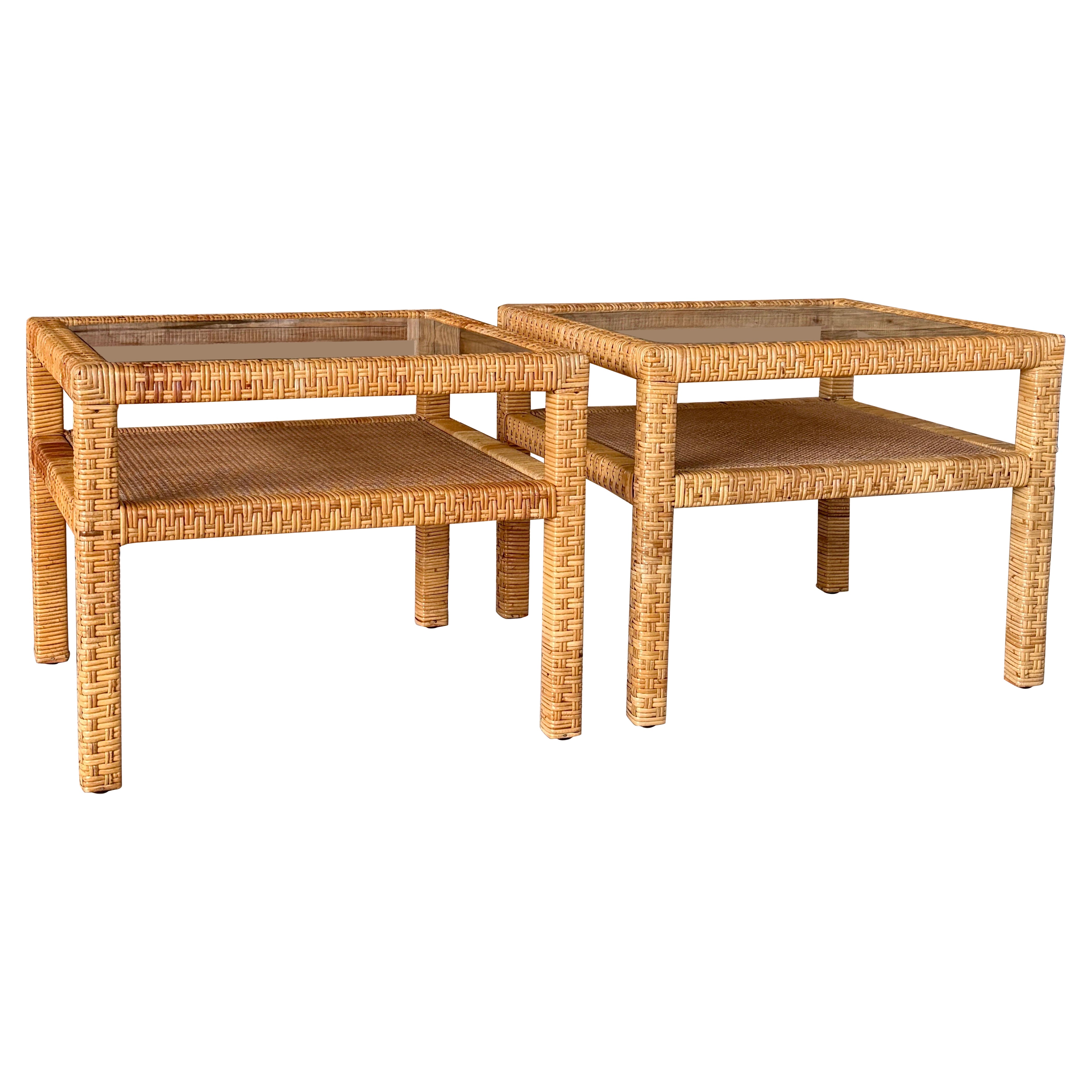 Vintage Organic Modern Rattan
Cane Side Tables With Glass Tops – Pair
