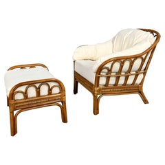 Vintage Organic Modern Rattan Chair & Ottoman Style of Ficks Reed