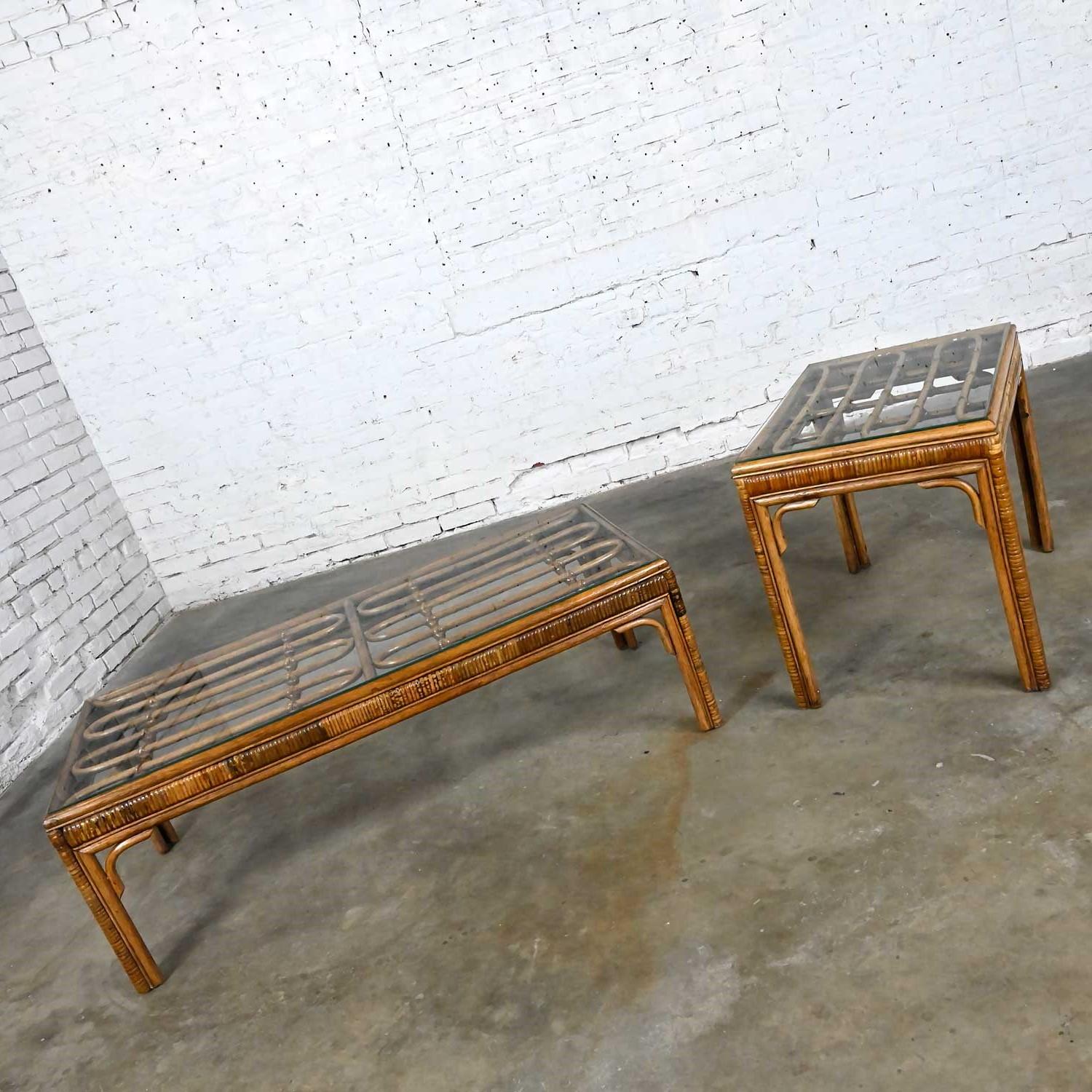 Fantastic vintage Organic Modern rattan coffee table and side table in the style of Ficks Reed. We are selling these as a pair. Beautiful condition, keeping in mind that these are vintage and not new so will have signs of use and wear. We have found