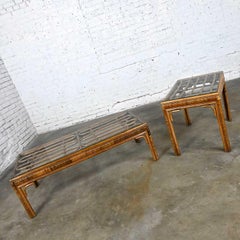 Vintage Organic Modern Rattan Coffee Table & Side Table Style Ficks Reed, Pair