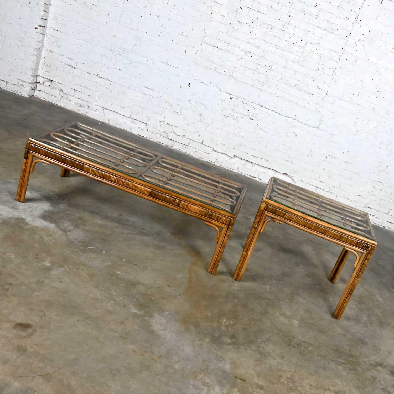 Unknown Vintage Organic Modern Rattan Coffee Table & Side Table Style Ficks Reed, Pair For Sale