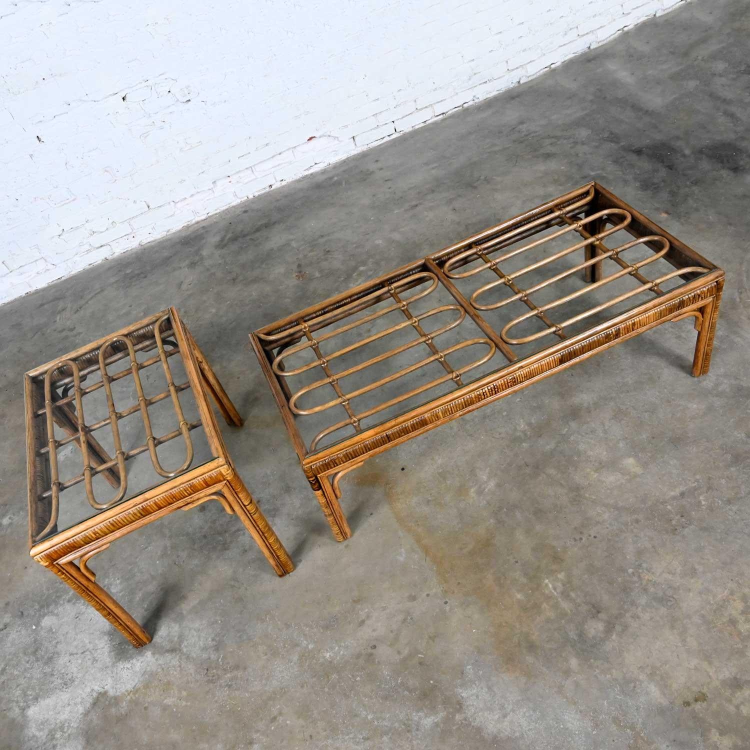 20th Century Vintage Organic Modern Rattan Coffee Table & Side Table Style Ficks Reed, Pair For Sale