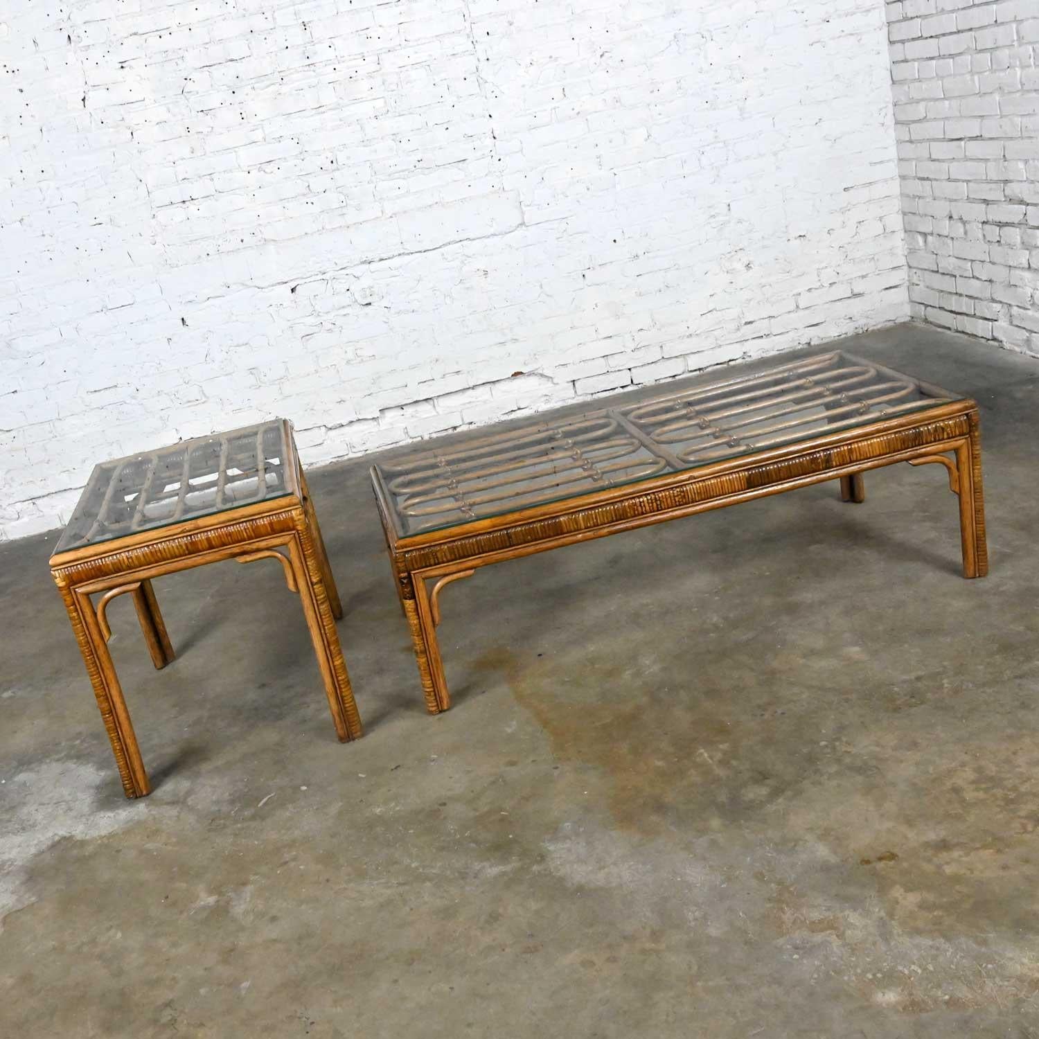 Vintage Organic Modern Rattan Coffee Table & Side Table Style Ficks Reed, Pair For Sale 1