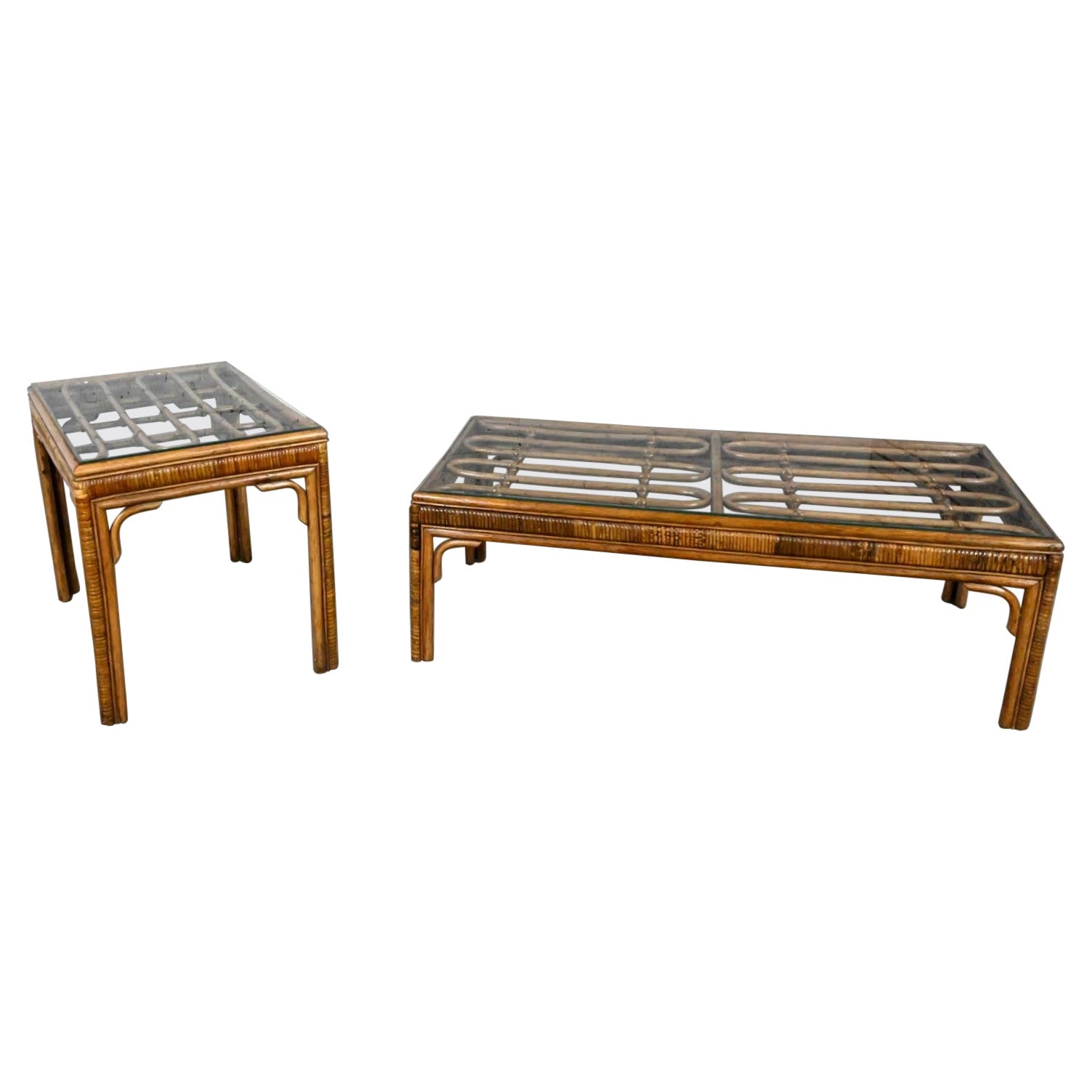 Vintage Organic Modern Rattan Coffee Table & Side Table Style Ficks Reed, Pair