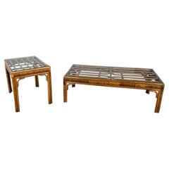 Vintage Organic Modern Rattan Coffee Table & Side Table Style Ficks Reed, Pair
