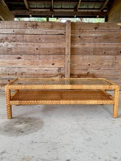 Vintage Organic Modern Rattan Coffee Table With Glass Top