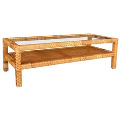 Vintage Organic Modern Rattan Coffee Table With Glass Top