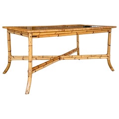 Vintage Organic Modern Rattan Dining Table With Glass Top Vintage Organic Modern Rattan Dining Table With Glass Top