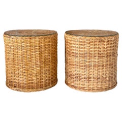 Vintage Organic Modern Rattan weave Side Tables / Pair