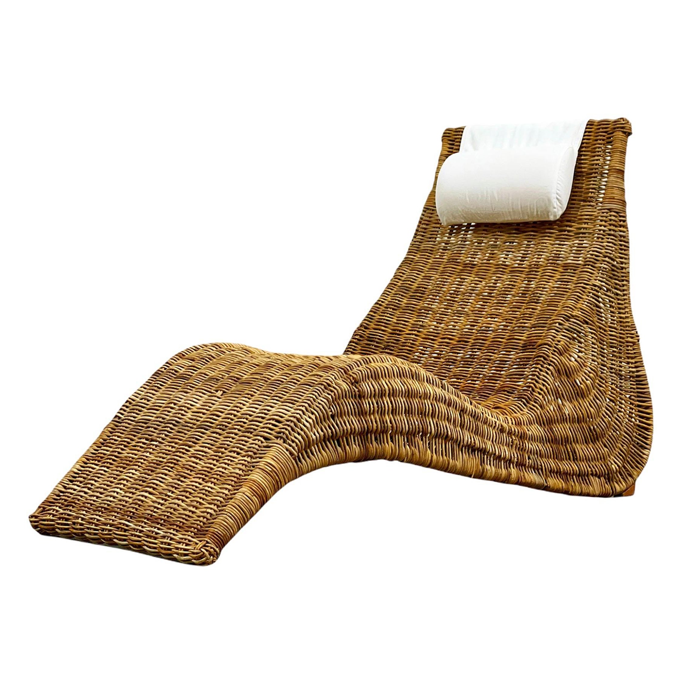 Vintage Organic Modern Rattan Wicker Wave Chaise Lounge