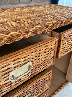 Vintage Organic Modern Restored Large Braid Rattan Sideboard With Brass Hardware