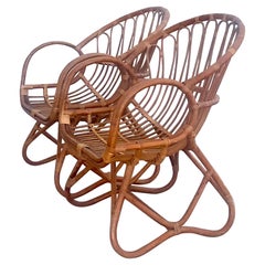 Vintage Organic Modern Stick Rattan Lounge Chairs, a Pair