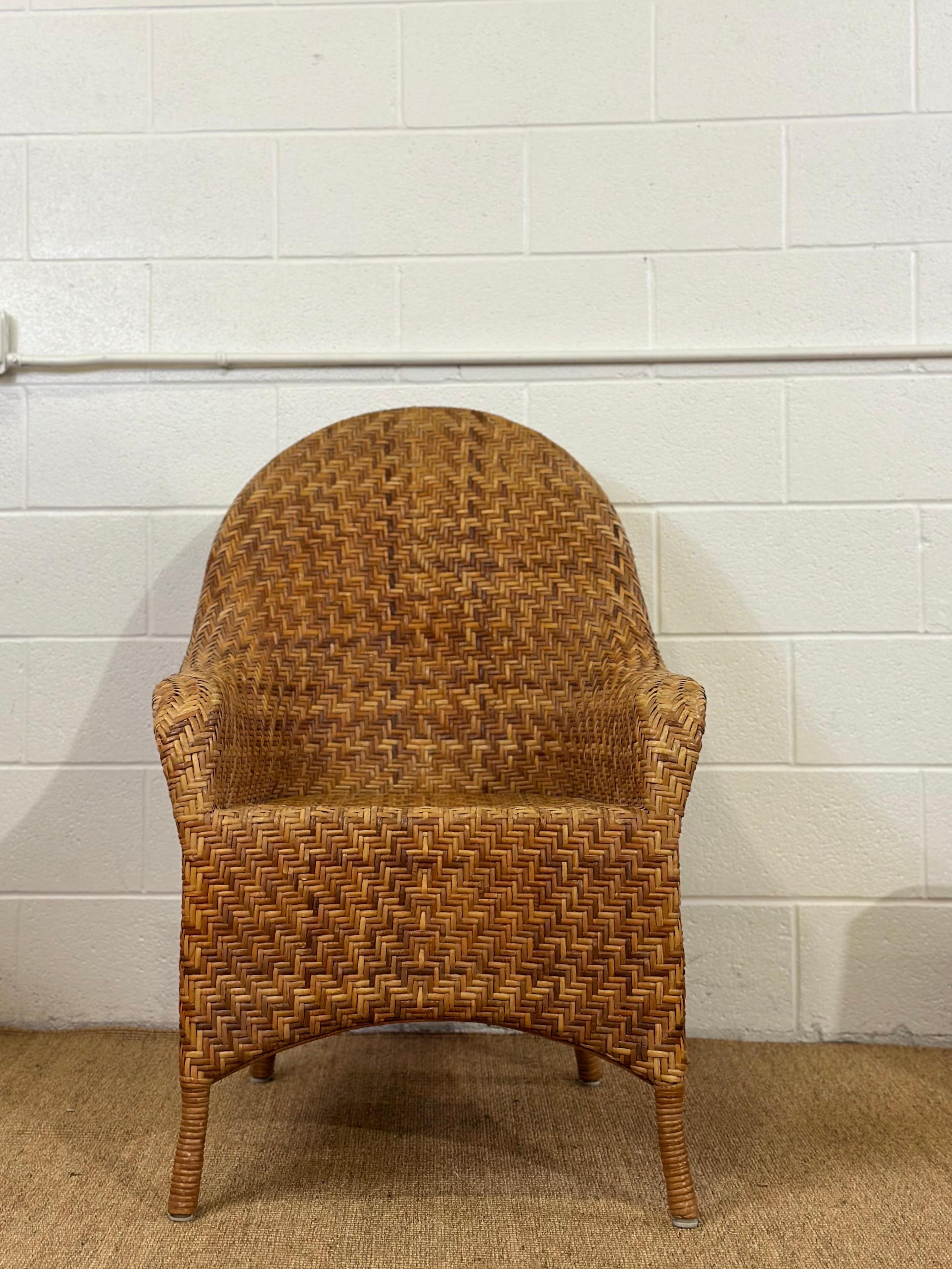 Vintage Organic Modern Woven Herringbone Wicker Rattan Dining Chairs - Set of 4  3