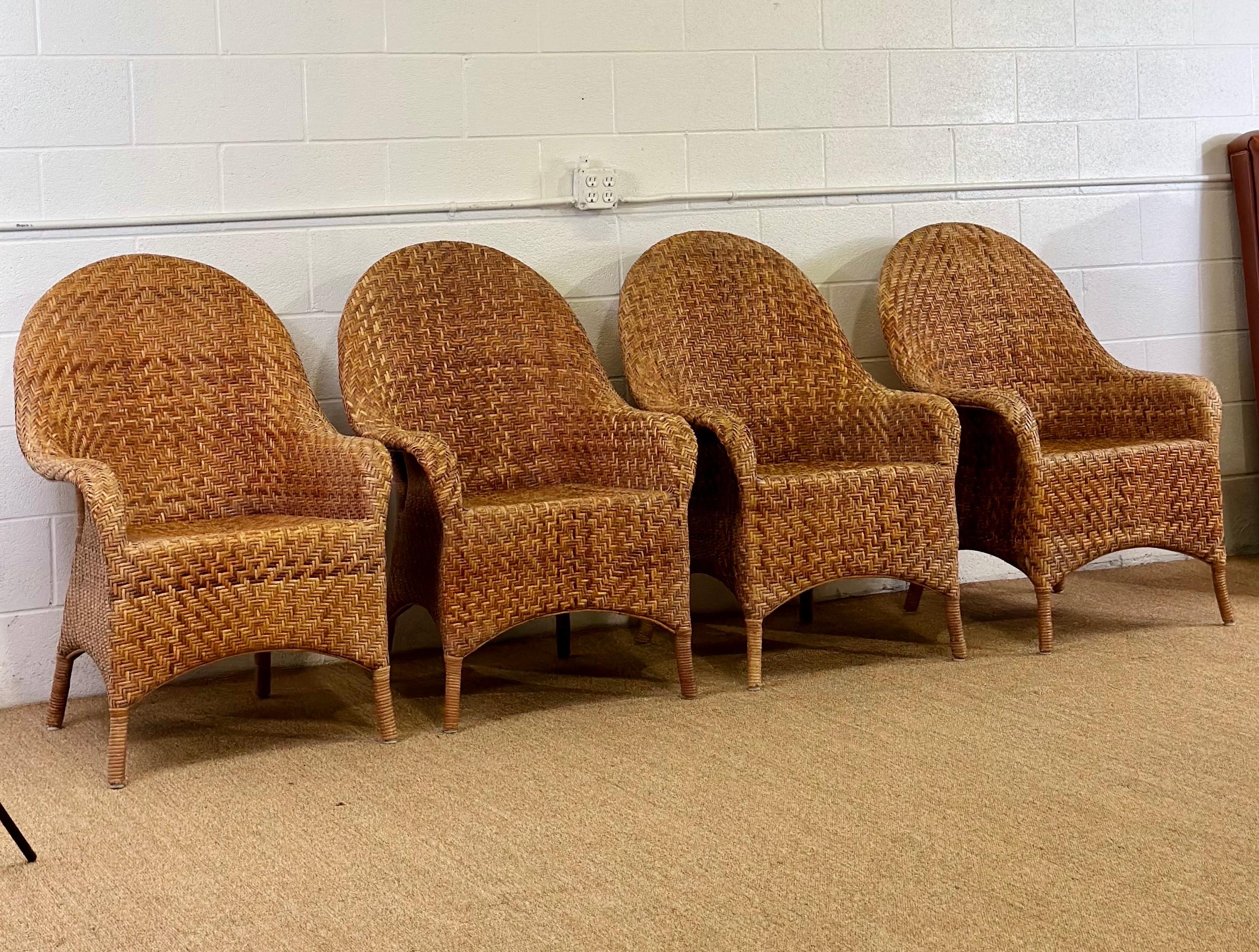 Bohemian Vintage Organic Modern Woven Herringbone Wicker Rattan Dining Chairs - Set of 4 