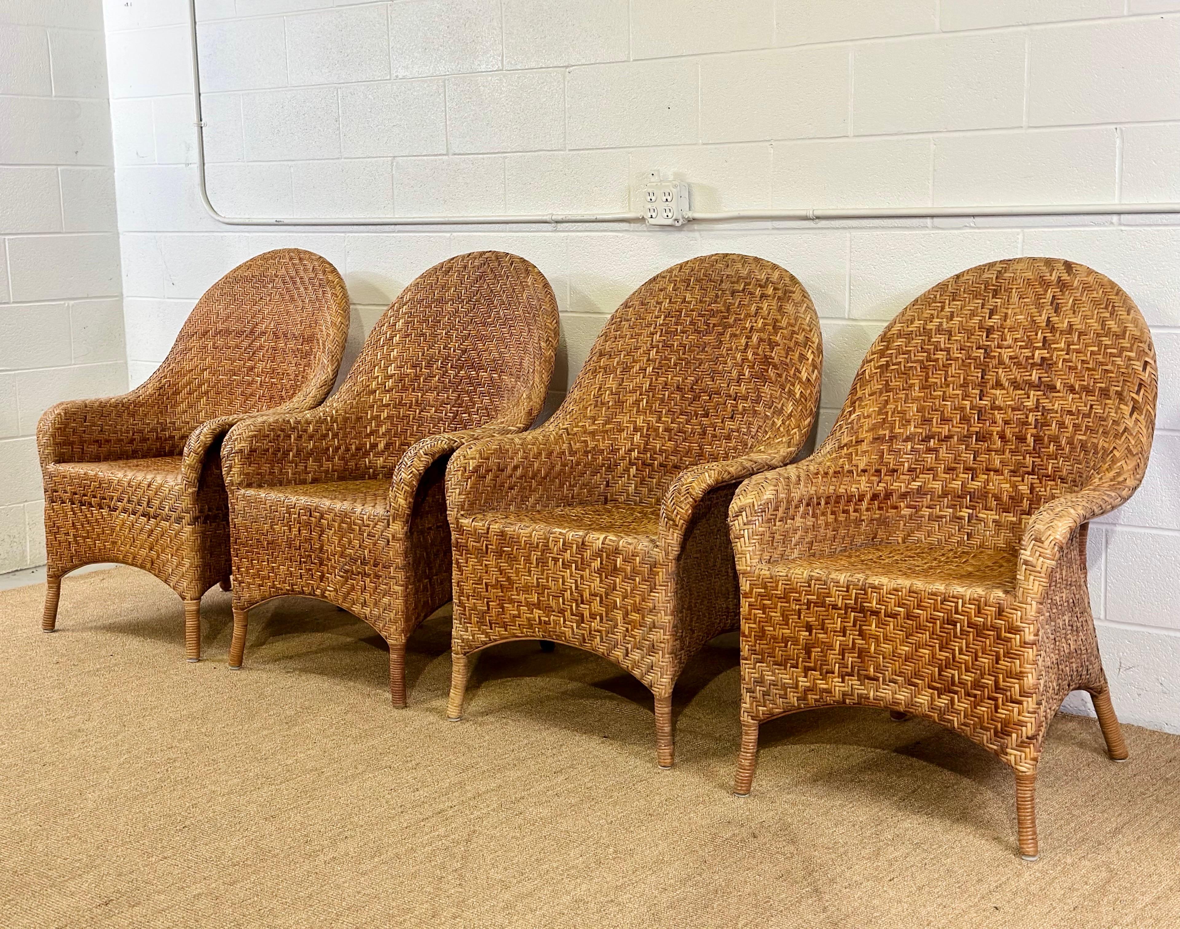 American Vintage Organic Modern Woven Herringbone Wicker Rattan Dining Chairs - Set of 4 