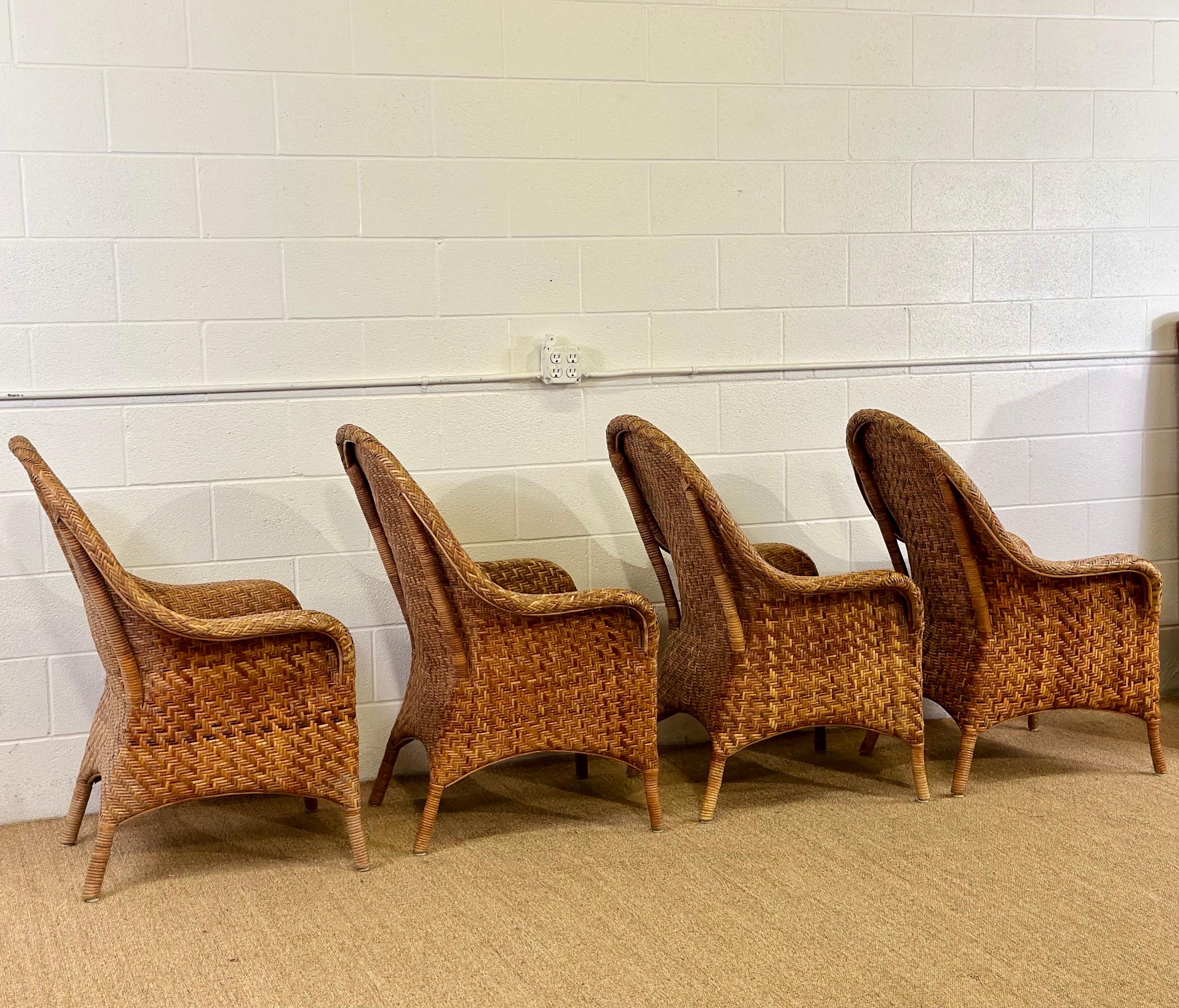 Vintage Organic Modern Woven Herringbone Wicker Rattan Dining Chairs - Set of 4  In Good Condition In Farmington Hills, MI