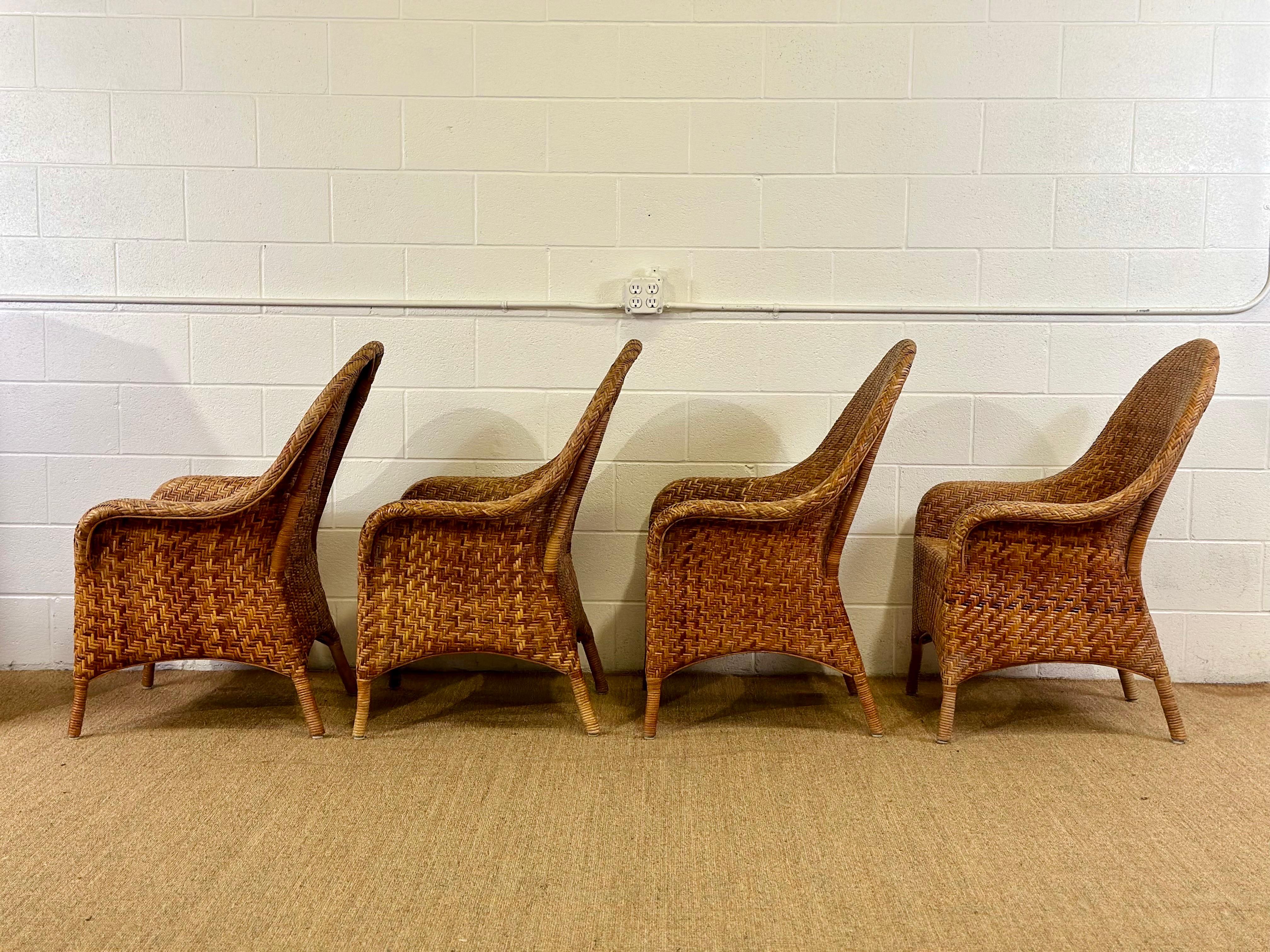 Late 20th Century Vintage Organic Modern Woven Herringbone Wicker Rattan Dining Chairs - Set of 4 