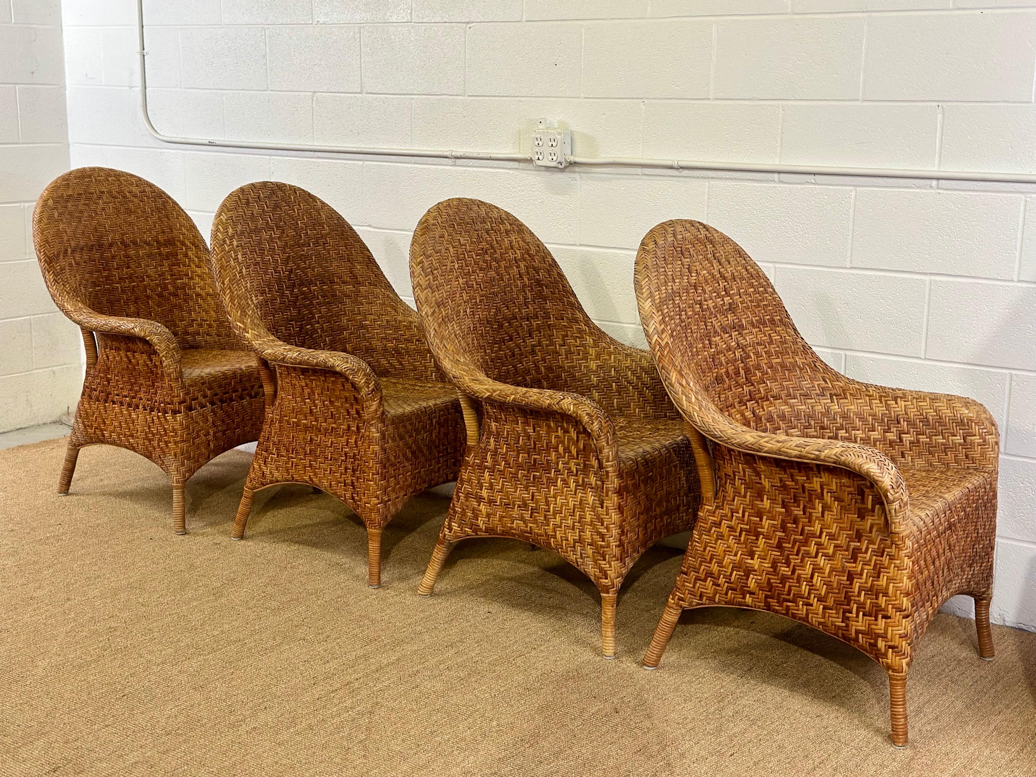 Bamboo Vintage Organic Modern Woven Herringbone Wicker Rattan Dining Chairs - Set of 4 