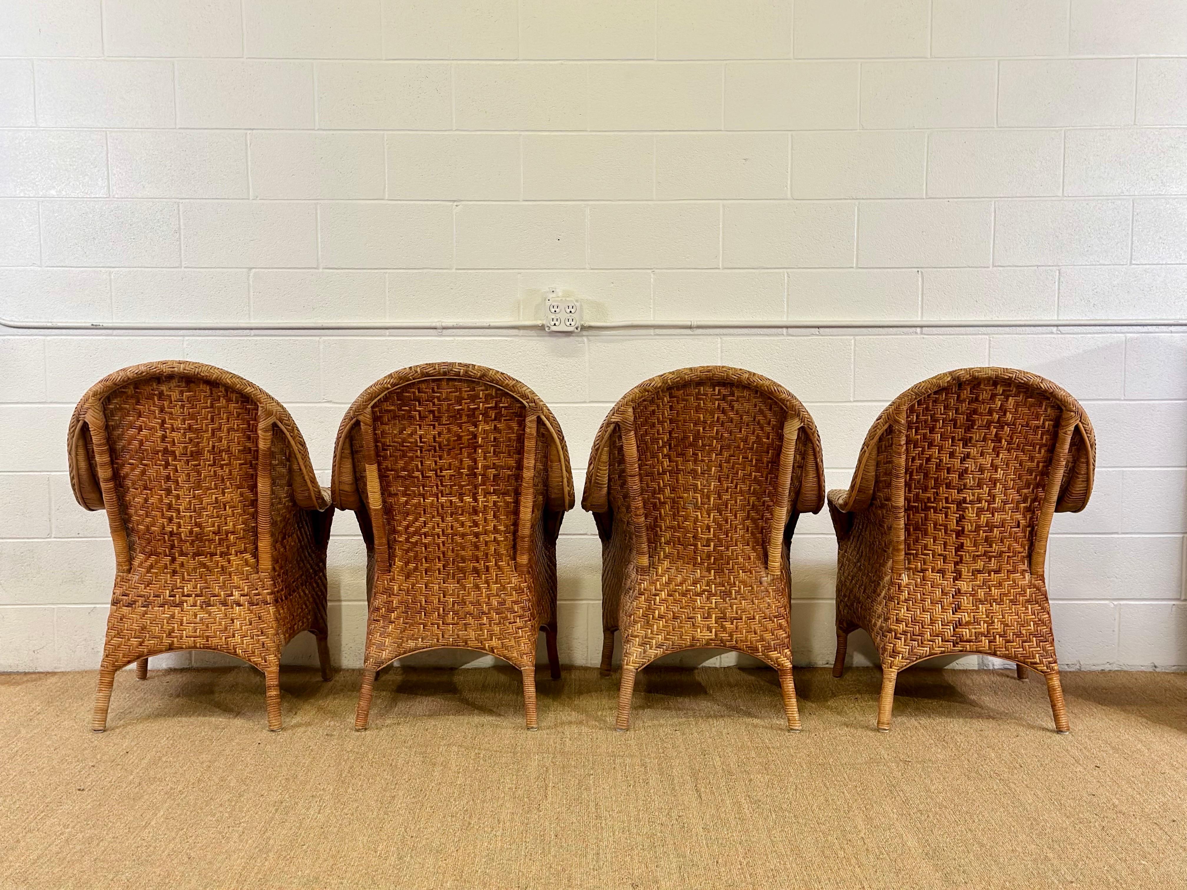 Vintage Organic Modern Woven Herringbone Wicker Rattan Dining Chairs - Set of 4  1