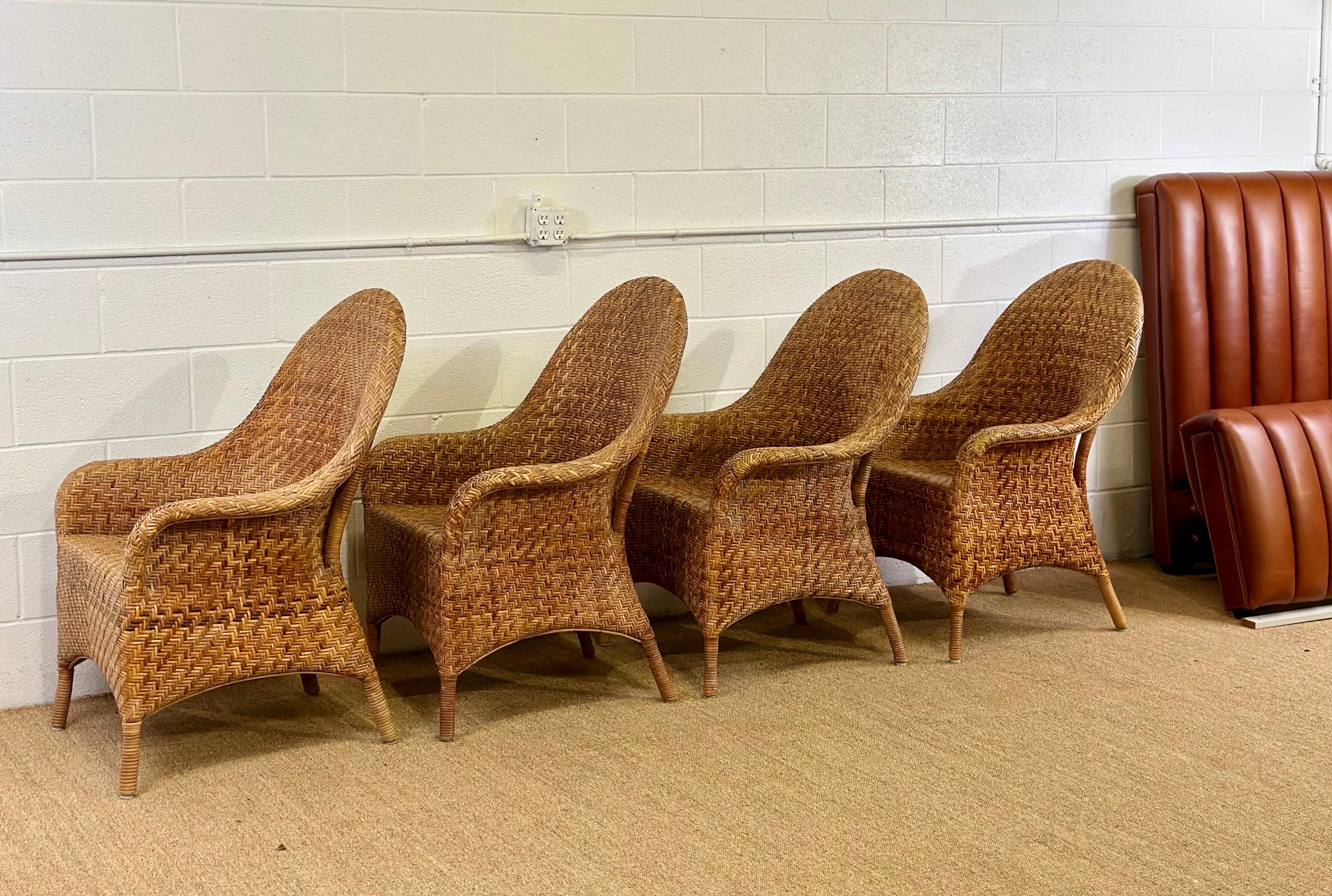 Vintage Organic Modern Woven Herringbone Wicker Rattan Dining Chairs - Set of 4  2