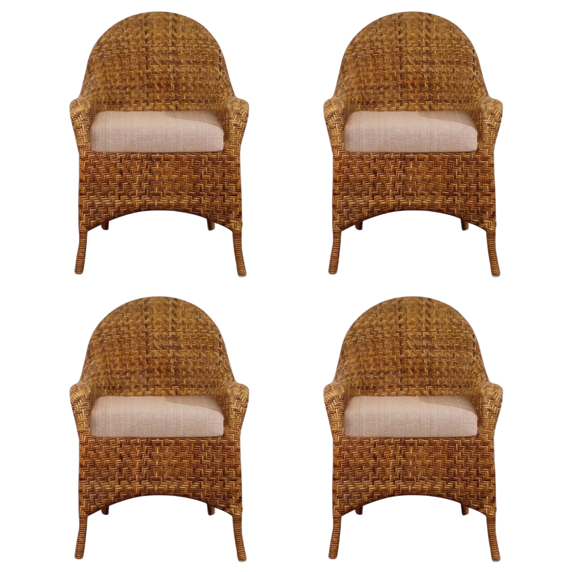 Vintage Organic Modern Woven Herringbone Wicker Rattan Dining Chairs - Set of 4