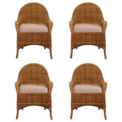 Vintage Organic Modern Woven Herringbone Wicker Rattan Dining Chairs - Set of 4