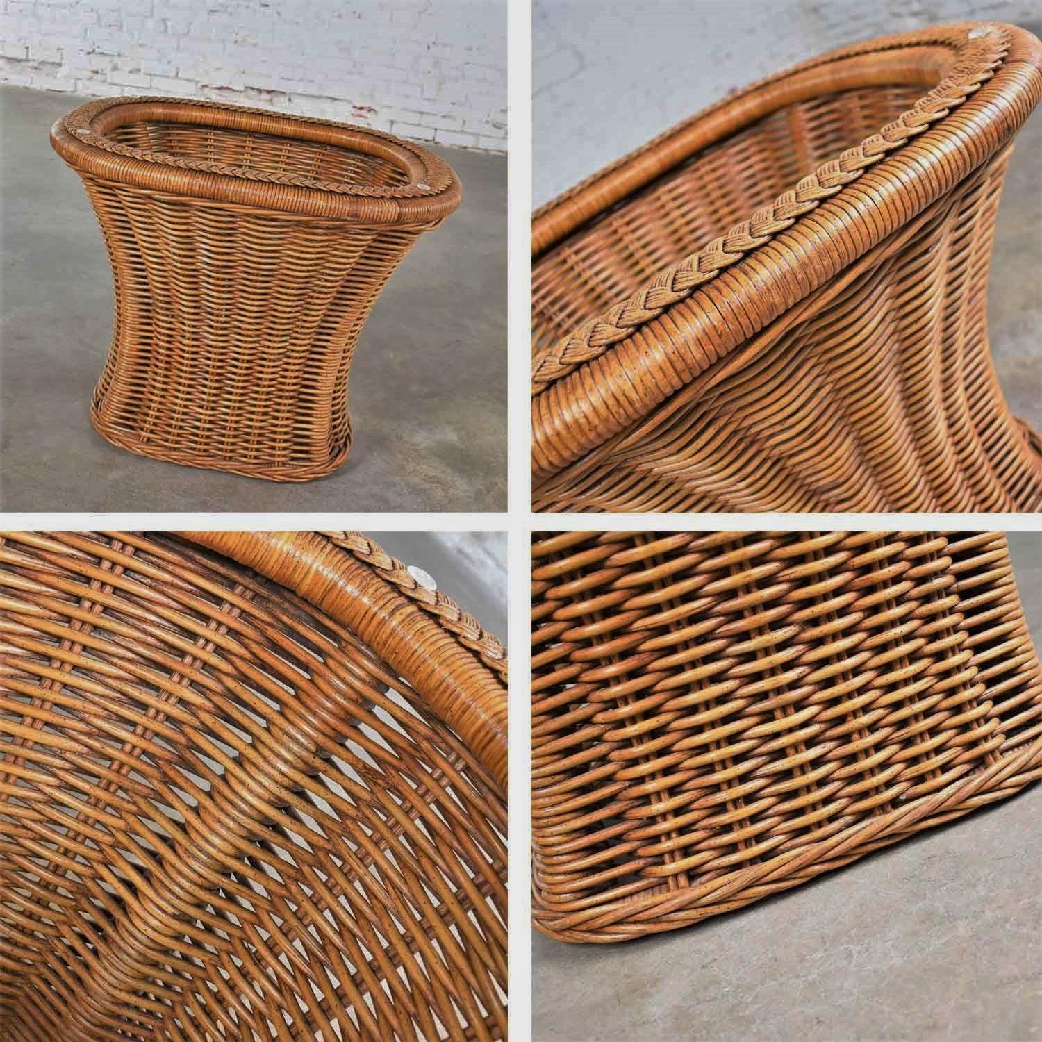 Organic Modern Woven Wicker Rattan Side or End Table with Rectangular Glass For Sale 11