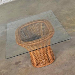 Organic Modern Woven Wicker Rattan Side or End Table with Rectangular Glass
