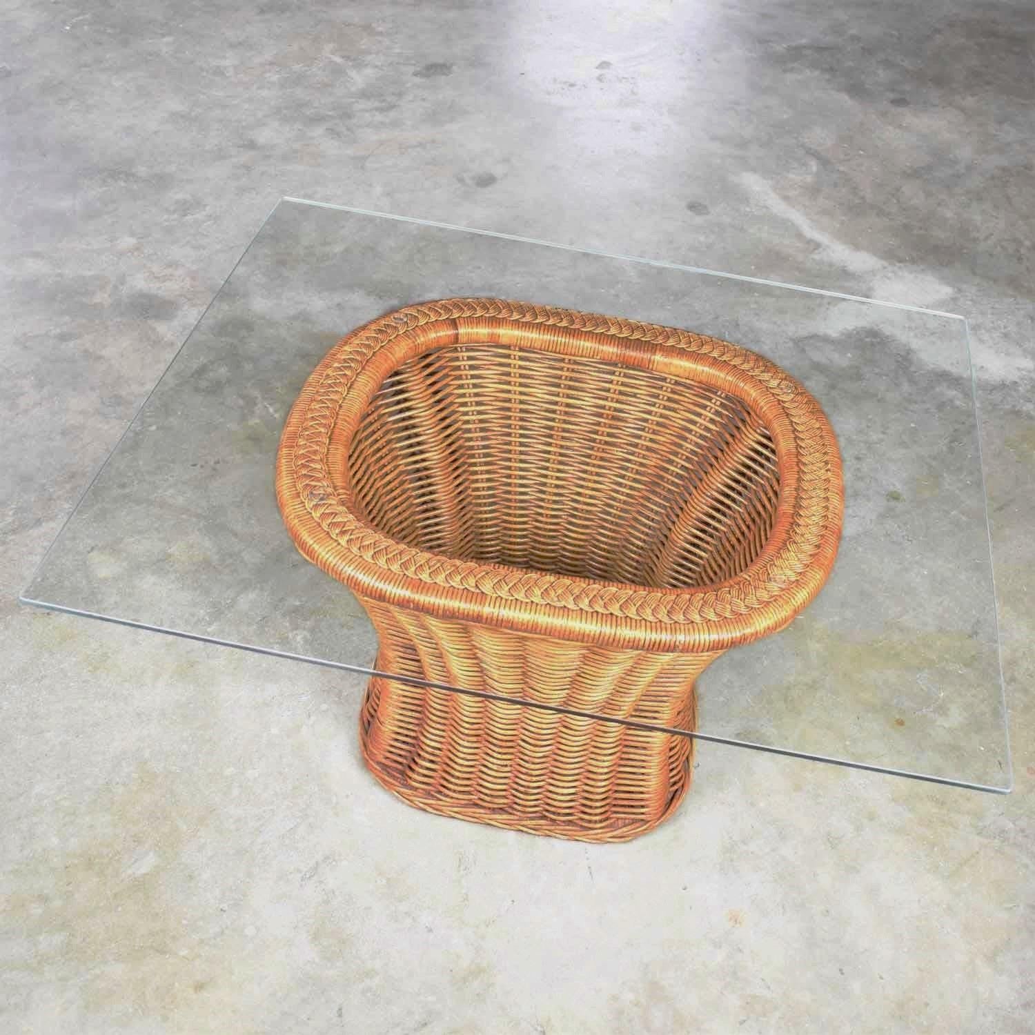 20th Century Organic Modern Woven Wicker Rattan Side or End Table with Rectangular Glass For Sale