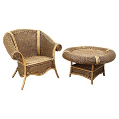 Vintage Organic Rattan Armchair and Round Coffee Table Set, 1980s-1990s Vintage Organic Rattan Armchair and Round Coffee Table Set, 1980s-1990s