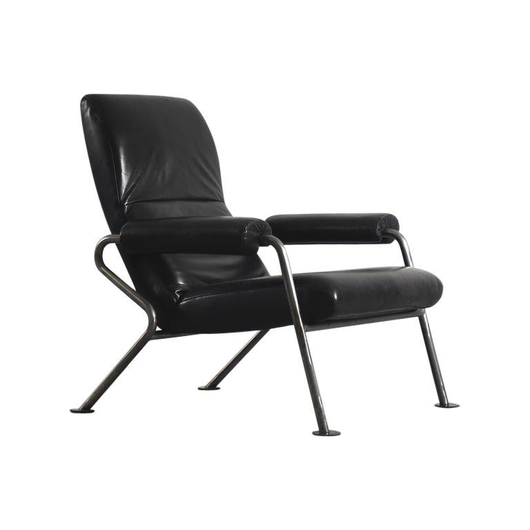 Vintage Organic-shaped Black Leather and Tubular Steel Italian Armchair by Thema