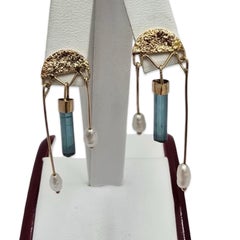 Vintage Organic Studio Art 14K Aquamarine & Pearl Dangle Earrings
