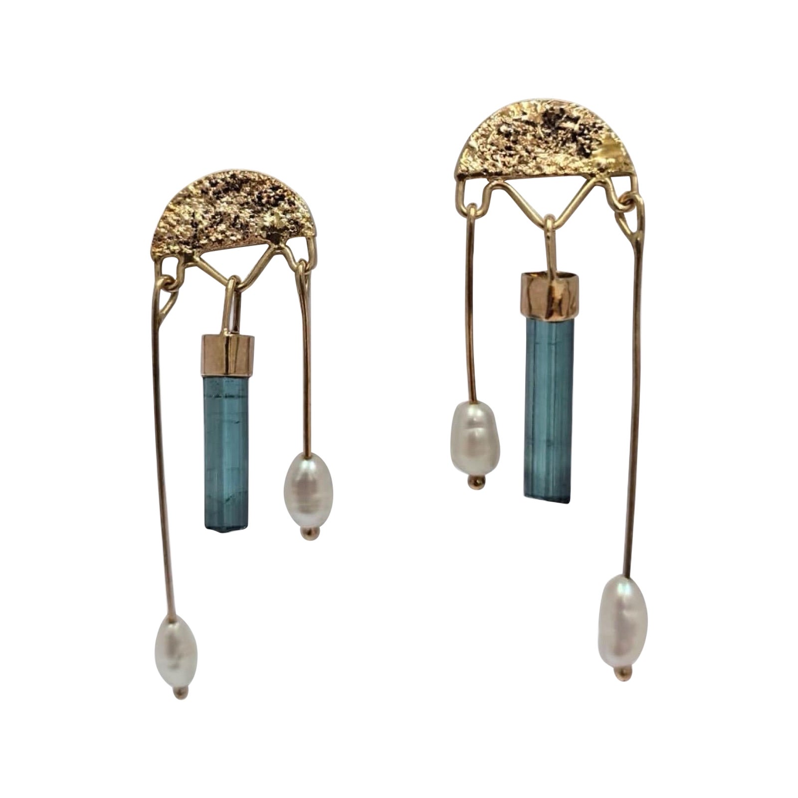 Vintage Organic Studio A 14K Acquamarina e Perle Orecchini a Pendolo