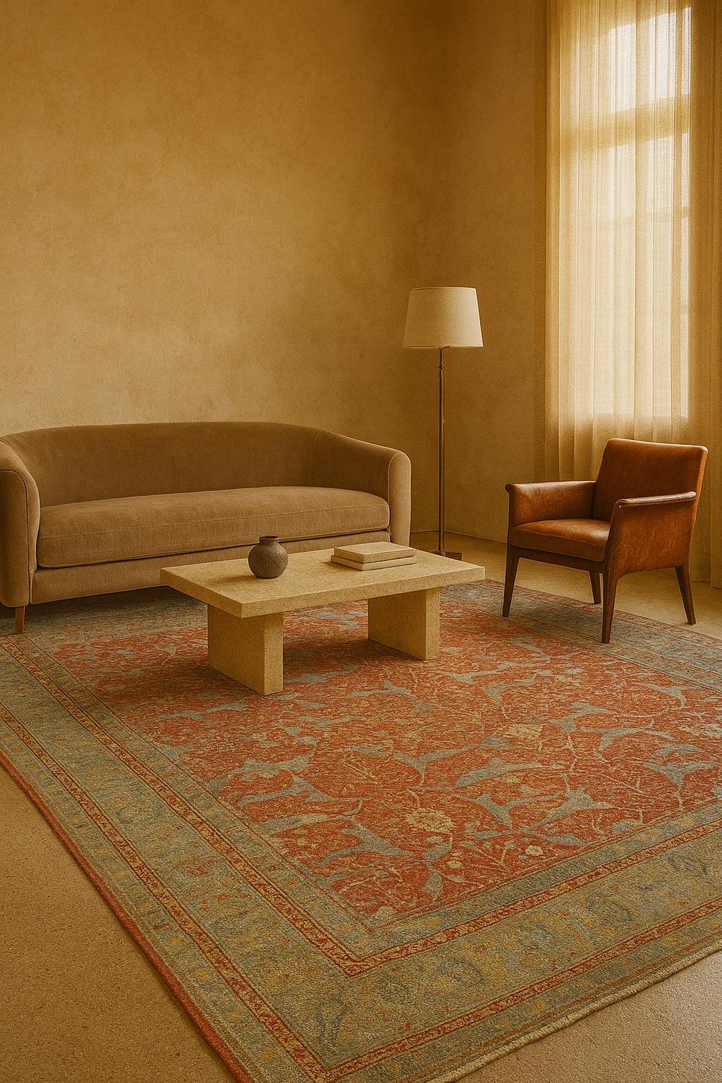 Esta alfombra Indo-Agra vintage muestra las célebres tradiciones tejedoras de Agra, representadas en una paleta atrevida y sofisticada. Anudado a mano con lana 100% natural y teñido con pigmentos orgánicos, centra un campo rojo profundo y saturado