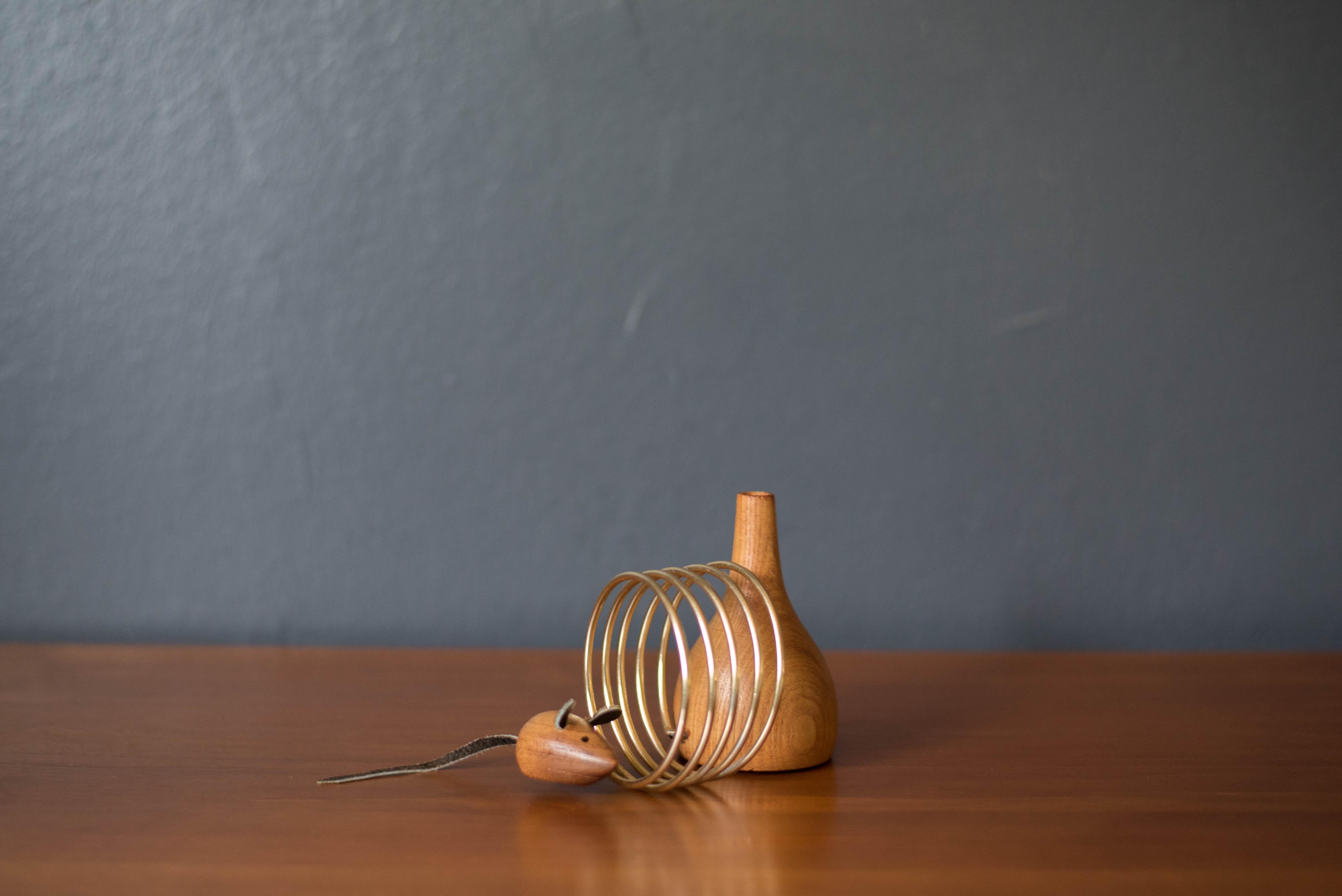 Mid century modern organizing letter holder circa 1960's. This unique piece features a teak vase pen holder and mouse sculpture accessorized with leather ears and a tail. Perfect for filing mail or office paperwork. 