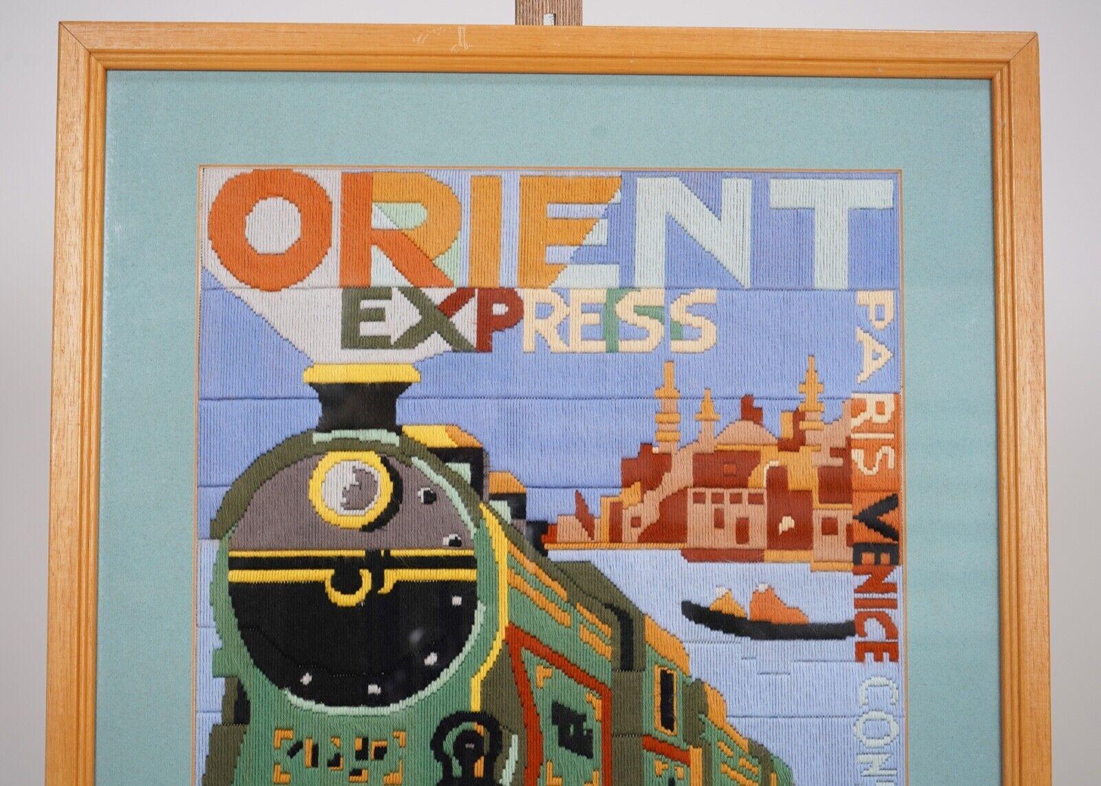 Mid-Century Modern Vintage Orient Express Train Tapestry - Hand Stitched Picture Needlepoint