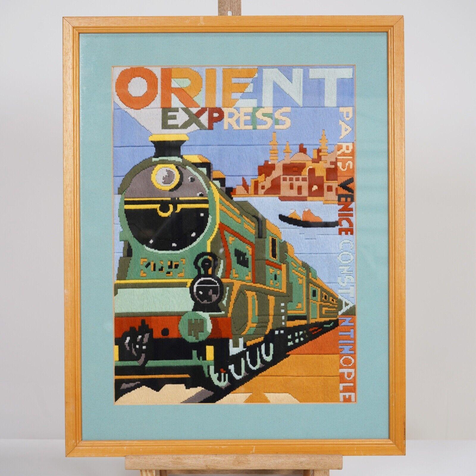 Vintage Orient Express Train Tapestry - Hand Stitched Picture Needlepoint In Good Condition In Dorchester, GB